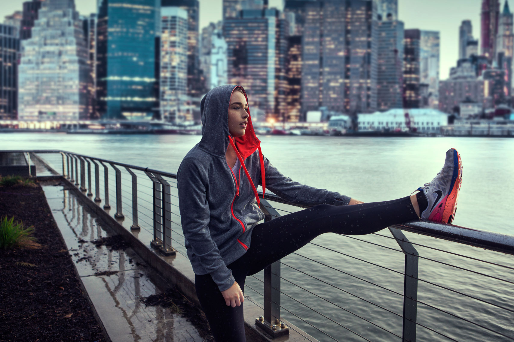 A girl exercising in New York City on a lifestyle photoshoot for an advertising agency 